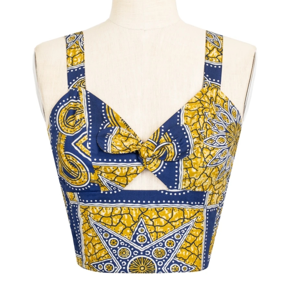 Trashy Diva Yellow and Navy Blue Knot Front Crop Top